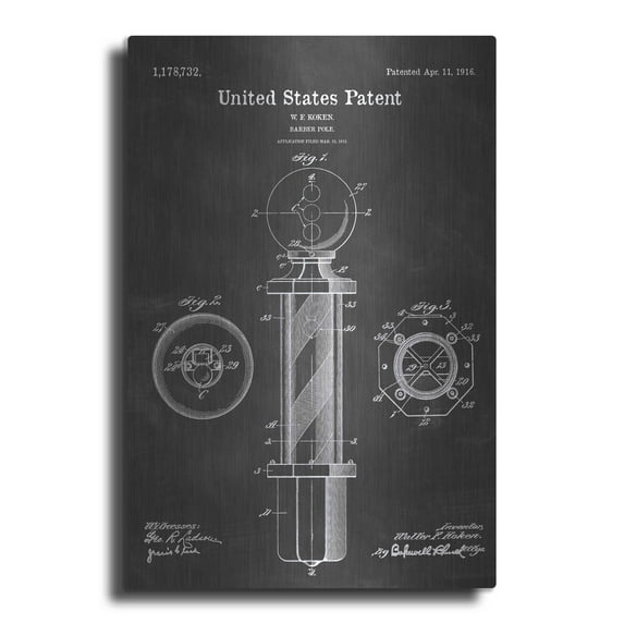 Luxe Metal Art 'Barber Pole Blueprint Patent Chalkboard' Metal Wall Art, 12"x16"
