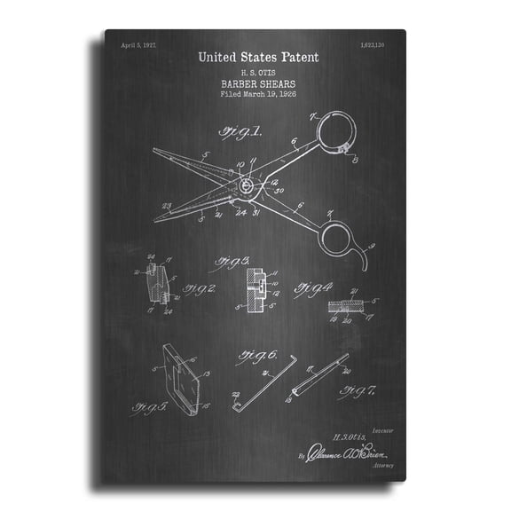 Luxe Metal Art 'Barber Shears Blueprint Patent Chalkboard' Metal Wall Art, 16"x24"
