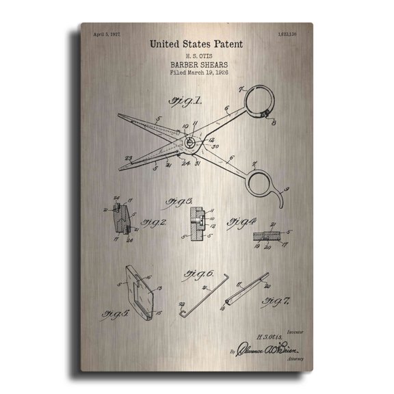 Luxe Metal Art 'Barber Shears Blueprint Patent Parchment' Metal Wall Art, 16"x24"