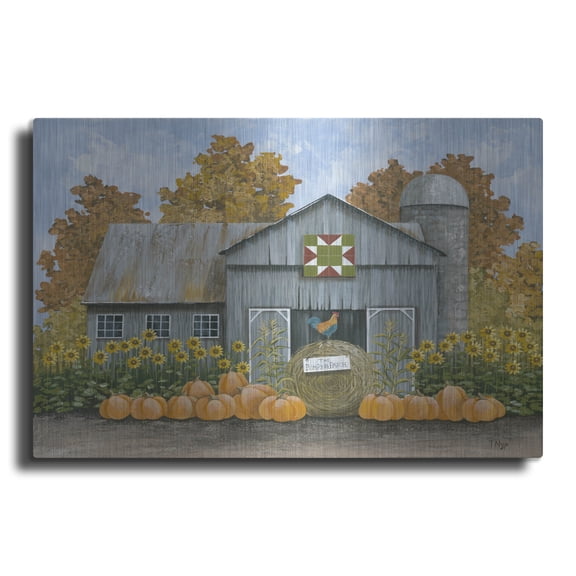 Luxe Metal Art 'Barn With Barn Quilt And Pumpkins' by Tanya Nyp Metal Wall Art, 16" x 12"