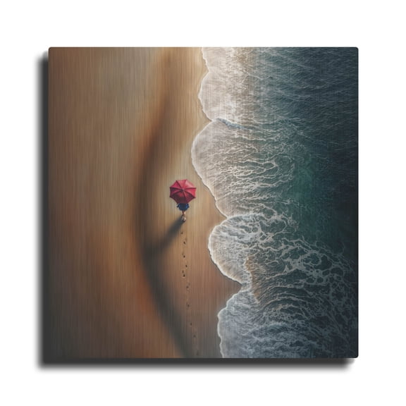 Luxe Metal Art 'Beach Walk Under Red Umbrella' by Rey Klimt Metal Wall Art, 24" x 24"