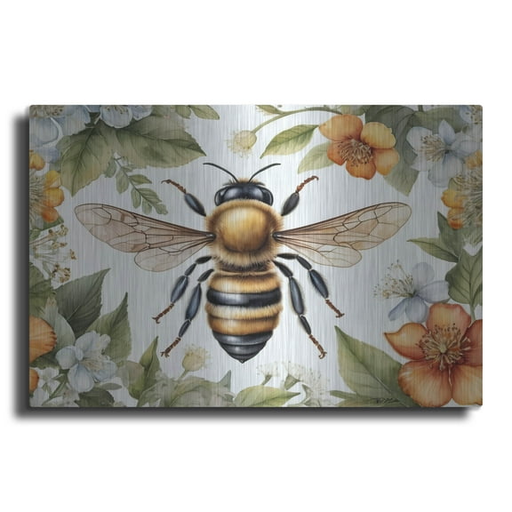 Luxe Metal Art 'Bee Among Watercolor Flowers' by Momart Metal Wall Art, 36" x 24"