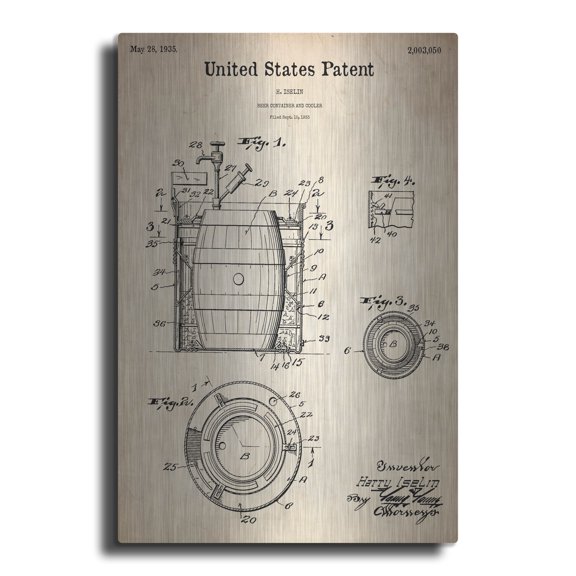 Luxe Metal Art 'Beer Container and Cooler Blueprint Patent Parchment' Metal Wall Art, 12"x16"