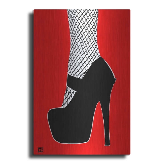 Luxe Metal Art 'Black heel on red' by Giuseppe Cristiano, Metal Wall Art, 16"x24"
