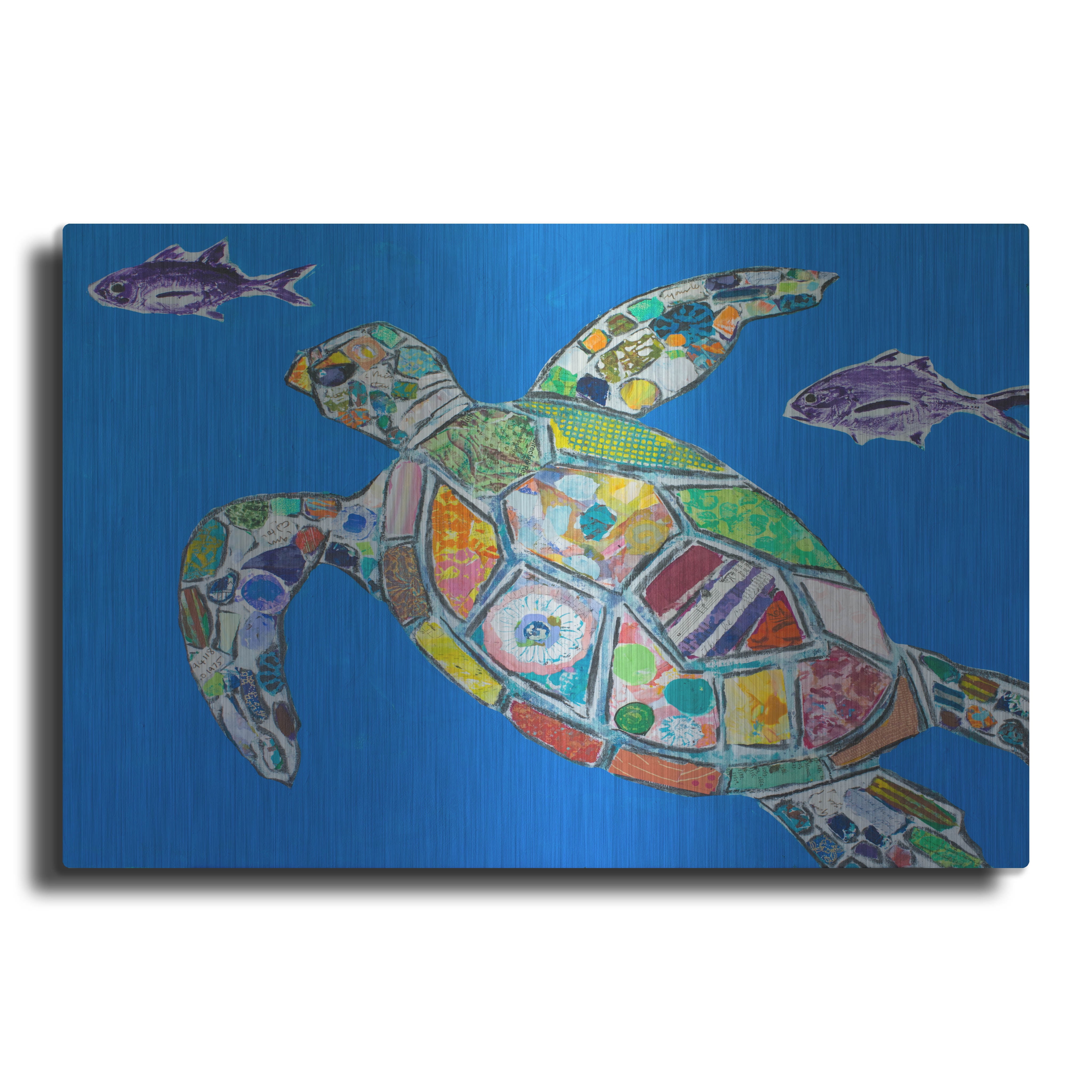 Blue Sea Turtle Metal Wall Art with Colorful Mosaic Design, 36" x 24"