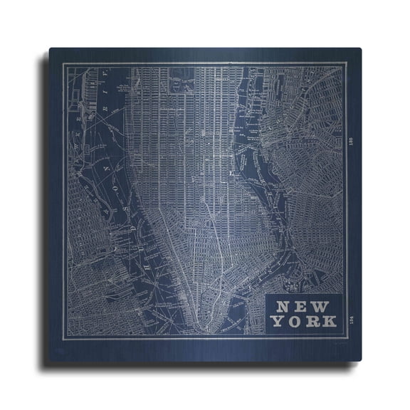 Luxe Metal Art 'Blueprint Map New York Square' by Sue Schlabach, Metal Wall Art, 12"x12"