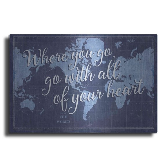 Luxe Metal Art 'Blueprint World Map Heart' by Sue Schlabach, Metal Wall Art, 24"x16"