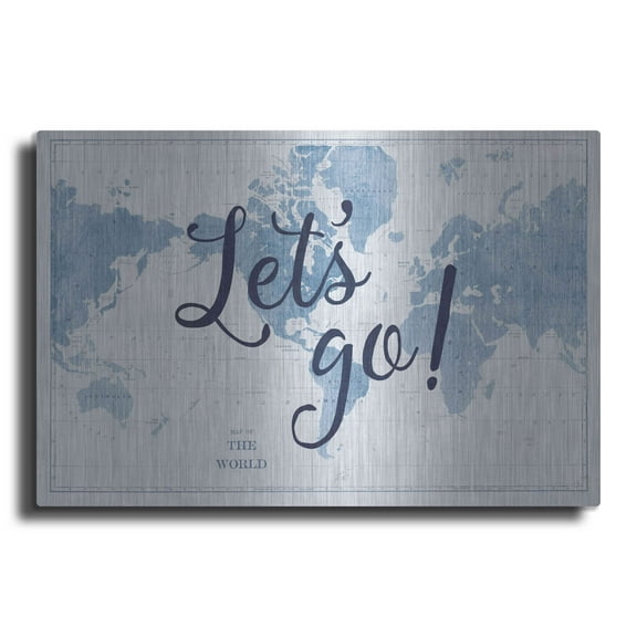 Luxe Metal Art 'Blueprint World Map Lets Go' by Sue Schlabach, Metal Wall Art, 24"x16"