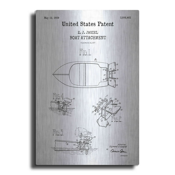 Luxe Metal Art 'Boat Attachment Blueprint Patent White' Metal Wall Art, 12"x16"