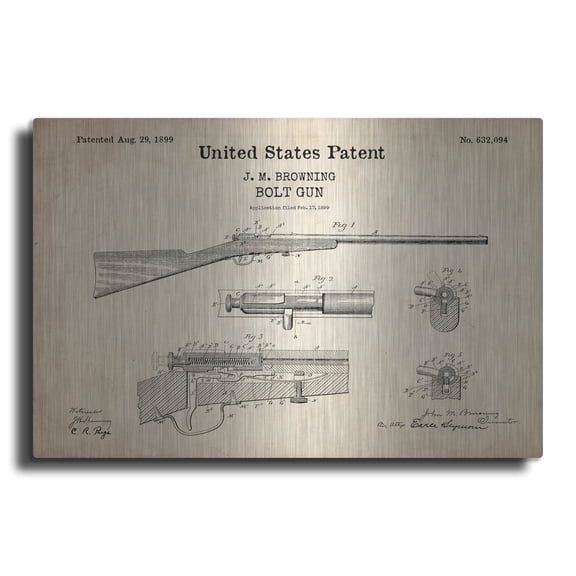 Luxe Metal Art 'Bolt Gun Blueprint Patent Parchment,' Metal Wall Art, 16" x 12"
