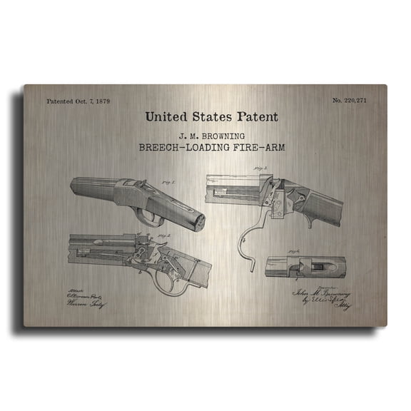 Luxe Metal Art 'Breech Loading Fire Arm Blueprint Patent Parchment,' Metal Wall Art, 16" x 12"
