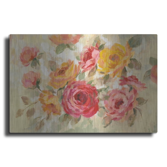 Luxe Metal Art 'Brushy Roses' by Silvia Vassileva, Metal Wall Art, 16" x 12"