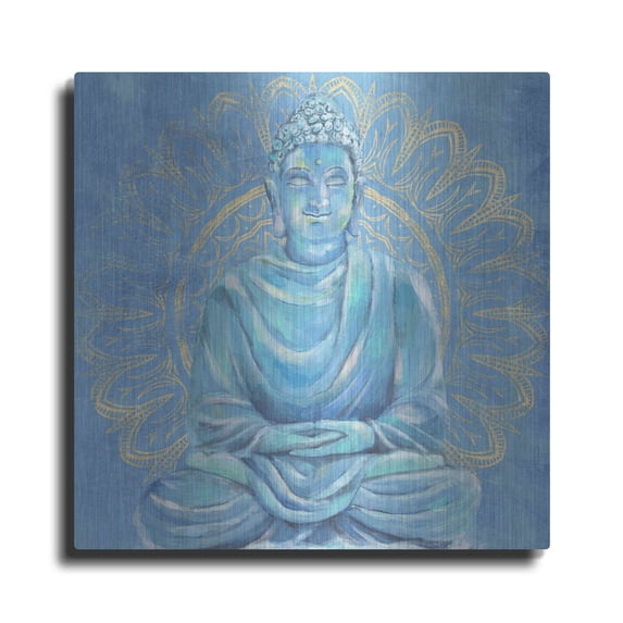 Luxe Metal Art 'Buddha on Blue I' by Annie Warren, Metal Wall Art, 12"x12"