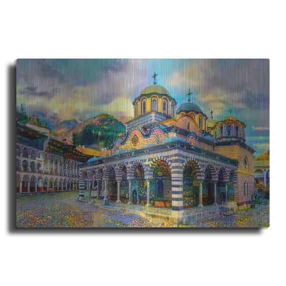 Luxe Metal Art 'Bulgaria Rila Monastery' by Pedro Gavidia, Metal Wall Art, 16"x12"
