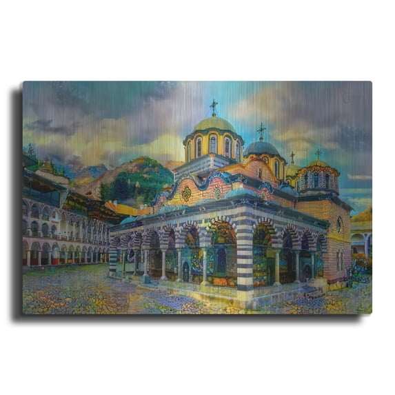 Luxe Metal Art 'Bulgaria Rila Monastery' by Pedro Gavidia, Metal Wall Art, 24"x16"