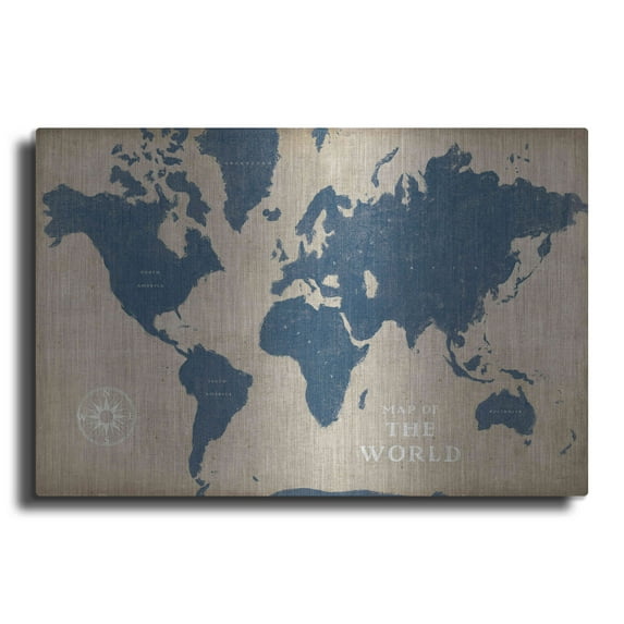 Luxe Metal Art 'Burlap World Map I Navy' by Sue Schlabach, Metal Wall Art, 36"x24"