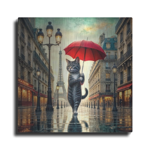 Luxe Metal Art 'Cat In Paris' by Rey Klimt Metal Wall Art, 12" x 12"