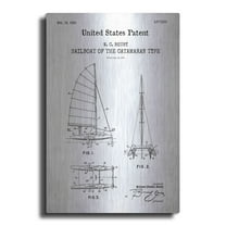 Luxe Metal Art 'Catamaran Sailboat Blueprint Patent White' Metal Wall Art, 12"x16"