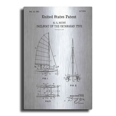 Luxe Metal Art 'Catamaran Sailboat Blueprint Patent White' Metal Wall Art, 12"x16"