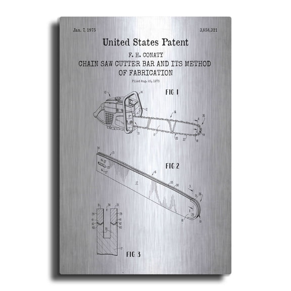 Luxe Metal Art 'Chainsaw Blueprint Patent White' Metal Wall Art, 16"x24"