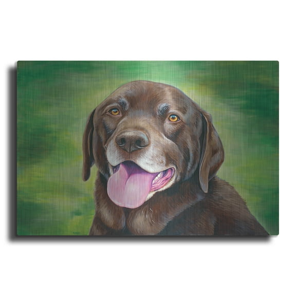 Luxe Metal Art 'Chocolate Labrador Retriever Dog' by Rebecca Wang Art, Acrylic Glass Wall Art, 36"x24"