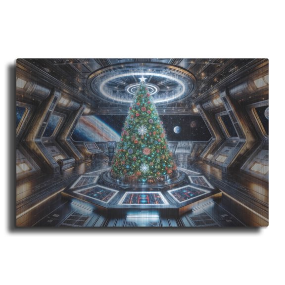 Luxe Metal Art 'Christmas Tree In Spaceship.jpg' by Rey Klimt Metal Wall Art, 24" x 16"