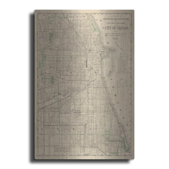 Luxe Metal Art 'City Of Chicago Map 1888' by Wild Apple Portfolio Metal Wall Art, 24" x 36"