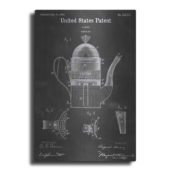 Luxe Metal Art 'Coffee Pot Vintage Patent Blueprint' by Epic Portfolio, Metal Wall Art, 12"x16"