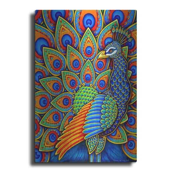 Luxe Metal Art 'Colorful Paisley Peacock' by Rebecca Wang Art, Metal Wall Art, 16"x24"