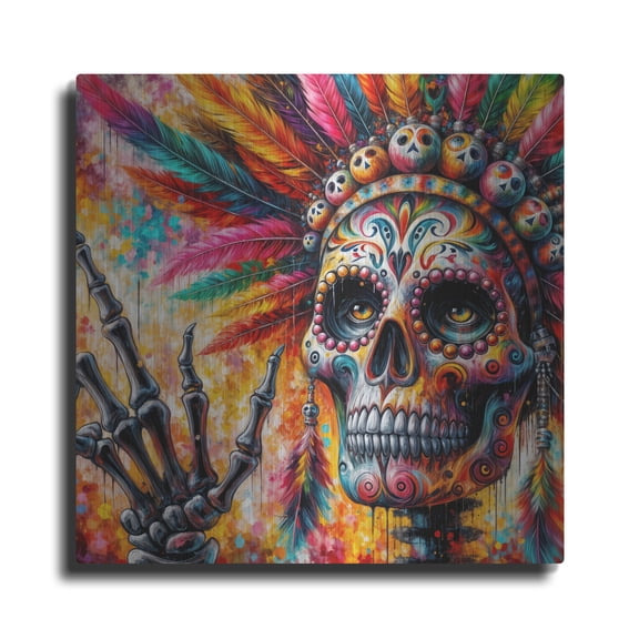 Luxe Metal Art 'Colorful Skull With Feathers' by Rey Klimt Metal Wall Art, 36" x 36"