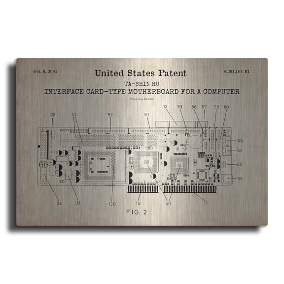Luxe Metal Art 'Computer Motherboard Blueprint Patent Parchment,' Metal Wall Art, 16" x 12"
