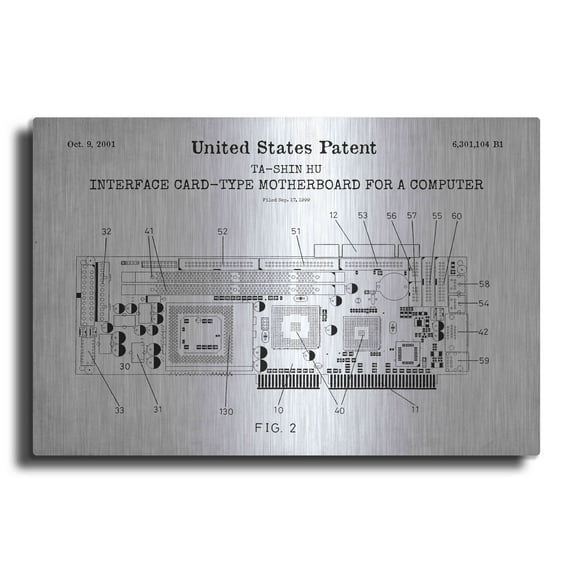 Luxe Metal Art 'Computer Motherboard Blueprint Patent White' Metal Wall Art, 36"x24"