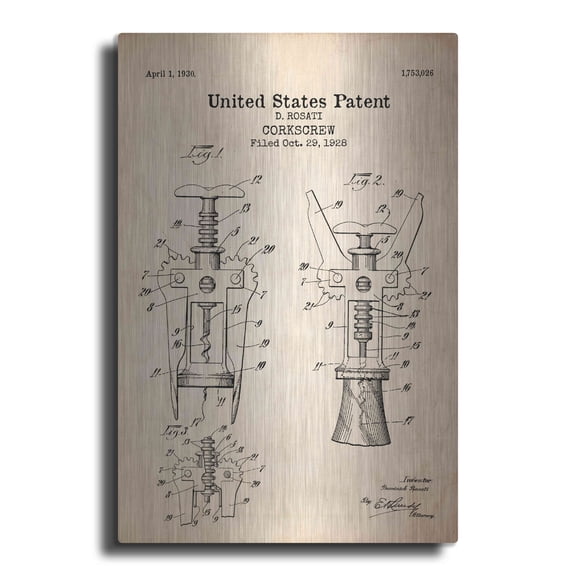 Luxe Metal Art 'Corkscrew Blueprint Patent Parchment' Metal Wall Art, 24"x36"
