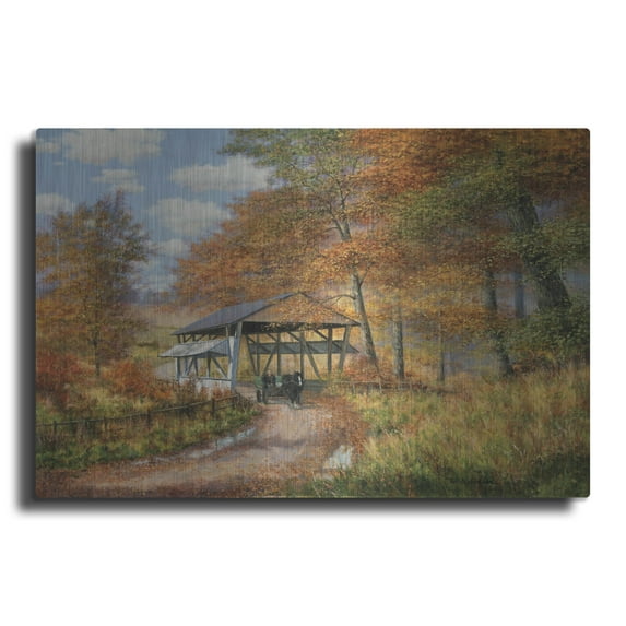 Luxe Metal Art 'Covered Bridge' by Bill Makinson, Metal Wall Art, 36"x24"