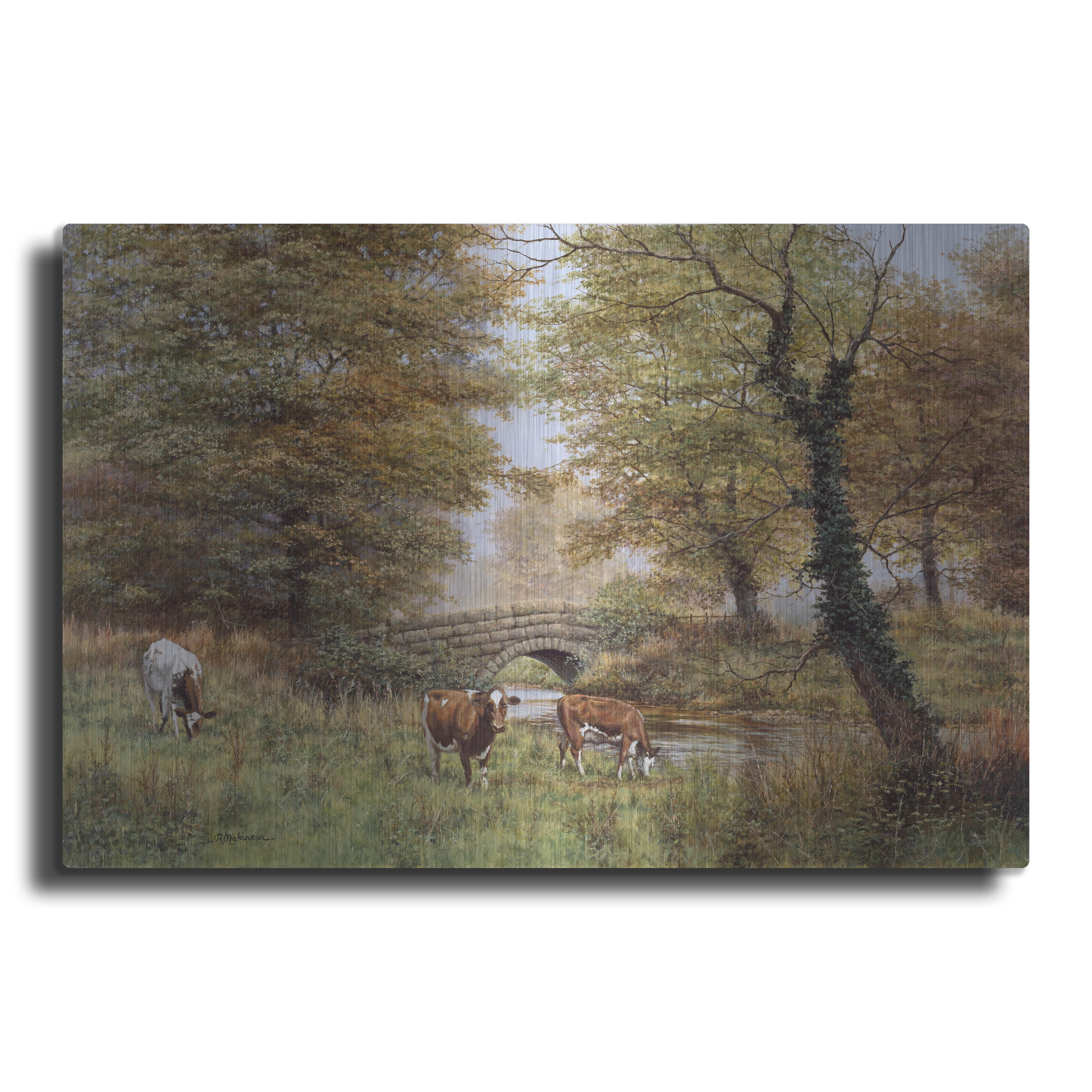 Cows by Bridge Autumn Landscape Metal Wall Art, 16" x 12"