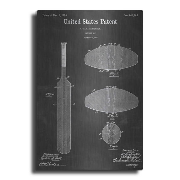 Luxe Metal Art 'Cricket Bat Vintage Patent Blueprint' by Epic Portfolio, Metal Wall Art, 24"x36"
