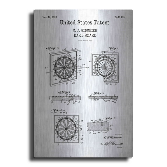 Luxe Metal Art 'Dart Board Blueprint Patent White' Metal Wall Art, 24"x36"