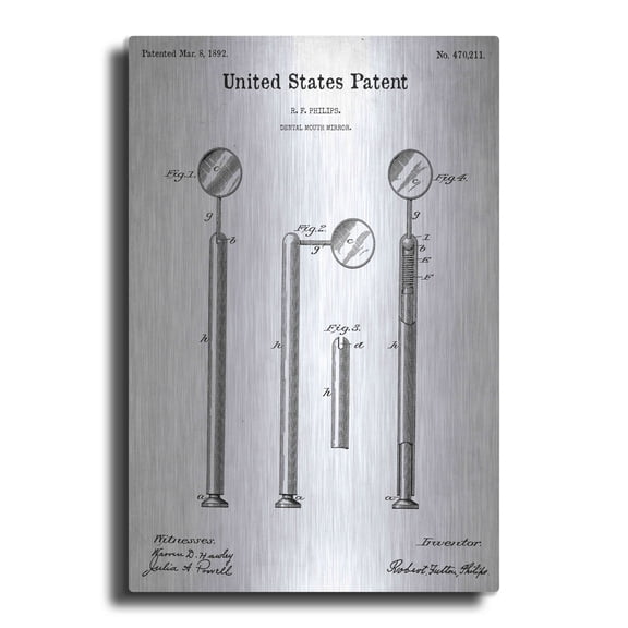 Luxe Metal Art 'Dental Mouth Mirror Blueprint Patent White' Metal Wall Art, 12"x16"