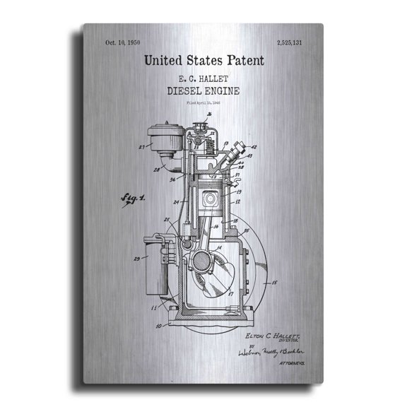 Luxe Metal Art 'Diesel Engine Blueprint Patent White' Acrylic Glass Wall Art, 24"x36"