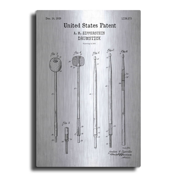 Luxe Metal Art 'Drumsticks, 1929 Blueprint Patent White' Metal Wall Art, 12"x16"