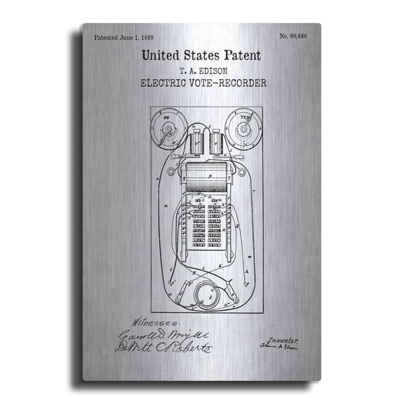 Luxe Metal Art 'Electric Vote-recorder Blueprint Patent White' Acrylic Glass Wall Art, 12"x16"