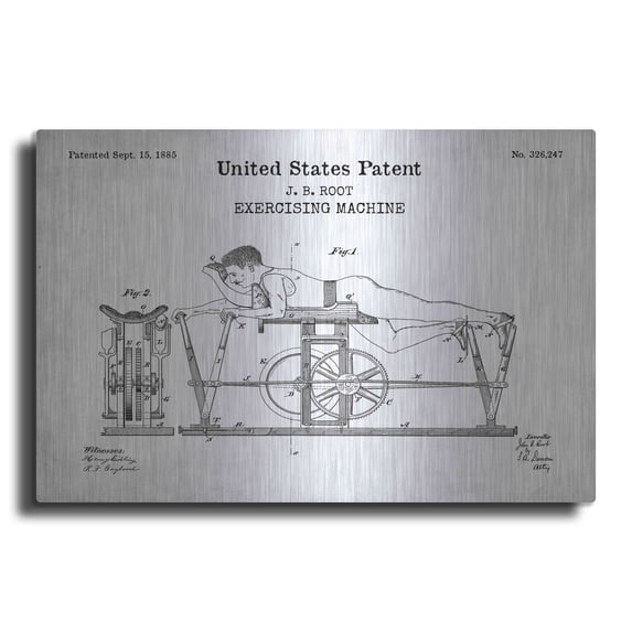 Luxe Metal Art 'Exercising Machine Blueprint Patent White' Metal Wall Art, 24"x16"