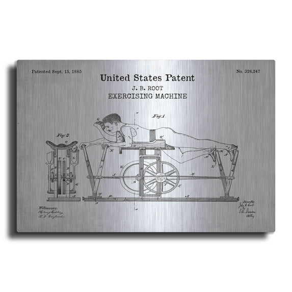 Luxe Metal Art 'Exercising Machine Blueprint Patent White' Metal Wall Art, 36"x24"