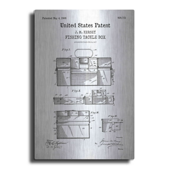 Luxe Metal Art 'Fishing Tackle Box Blueprint Patent White' Metal Wall Art, 16"x24"