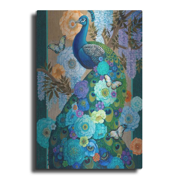 Luxe Metal Art 'Floral Peacock' by David Galchutt, Metal Wall Art, 24"x36"
