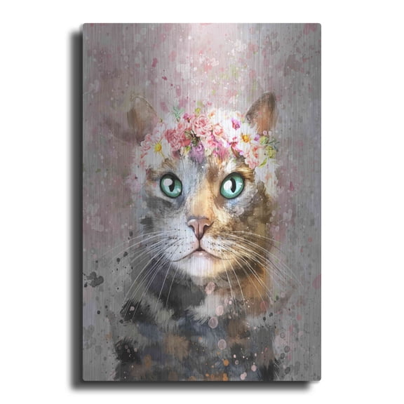 Luxe Metal Art 'Flower Crown Tabby Cat 3' by Furbaby Affiliates, Metal Wall Art, 12"x16"
