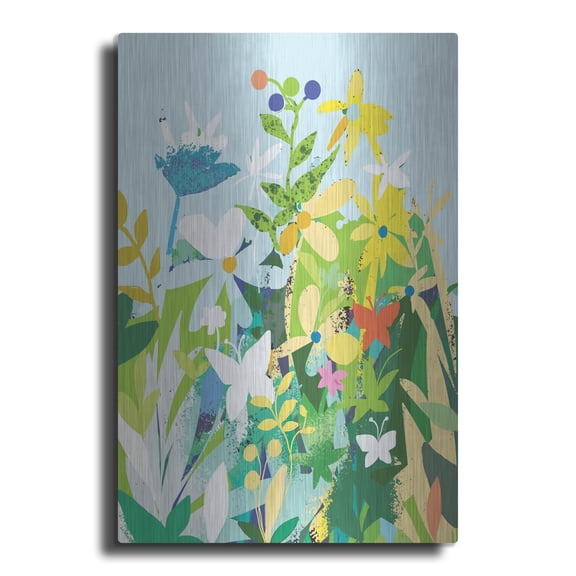 Luxe Metal Art 'Flowers And Butterflies' by Holly McGee, Metal Wall Art, 12"x16"
