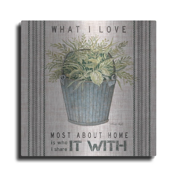 Luxe Metal Art 'Galvanized Bucket What I Love' by Cindy Jacobs, Metal Wall Art, 36"x36"
