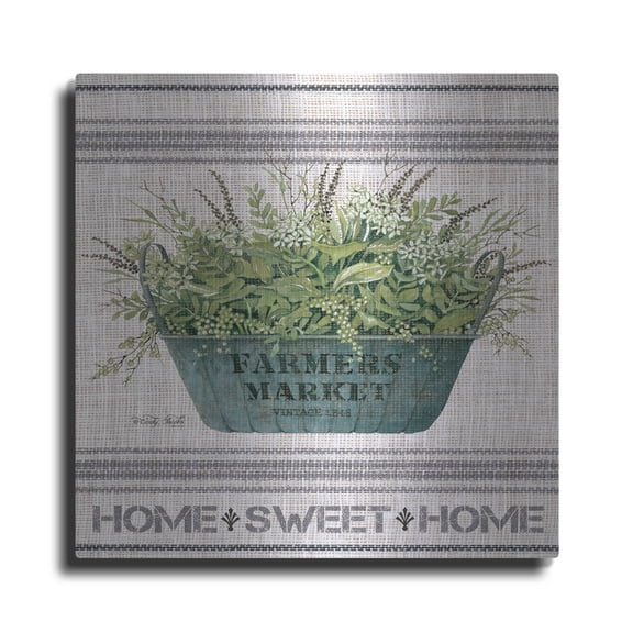 Luxe Metal Art 'Galvanized Farmer's Market Home Sweet Home' by Cindy Jacobs, Metal Wall Art, 12"x12"