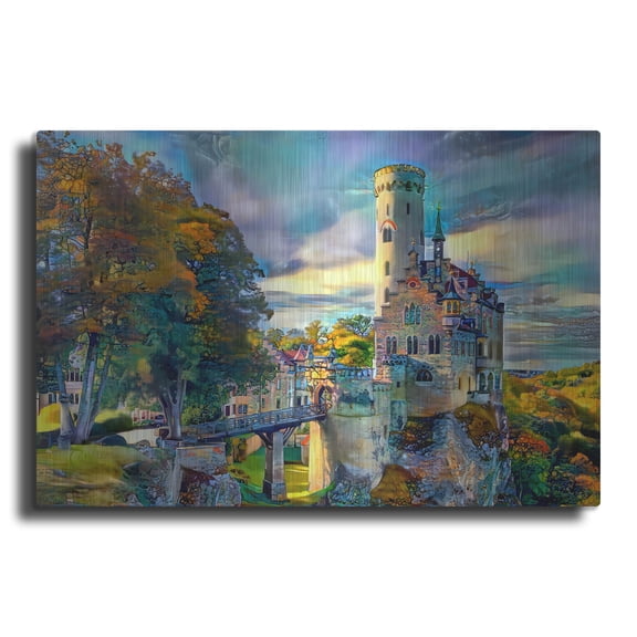 Luxe Metal Art 'Germany Swabian Jura Lichtenstein Castle' by Pedro Gavidia Metal Wall Art, 24" x 16"